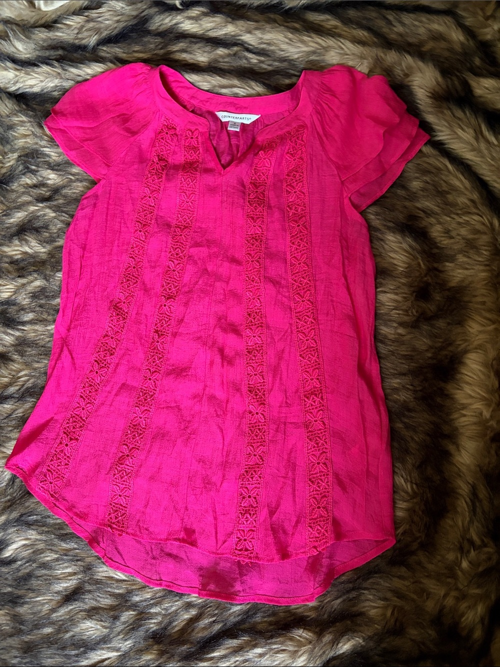 Counterparts Fuchsia Lace-Panel Short Flutter Sleeve’s Blouse Size Small